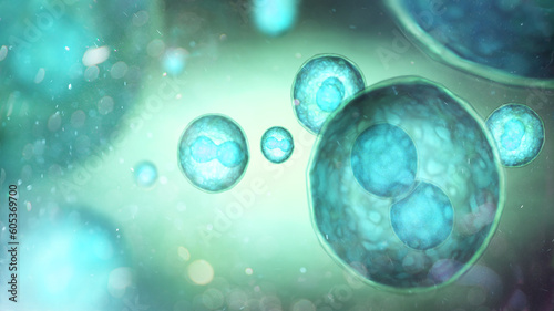Cells under a microscope. Stem cell research. Cell therapy. Cell division. 3d illustration