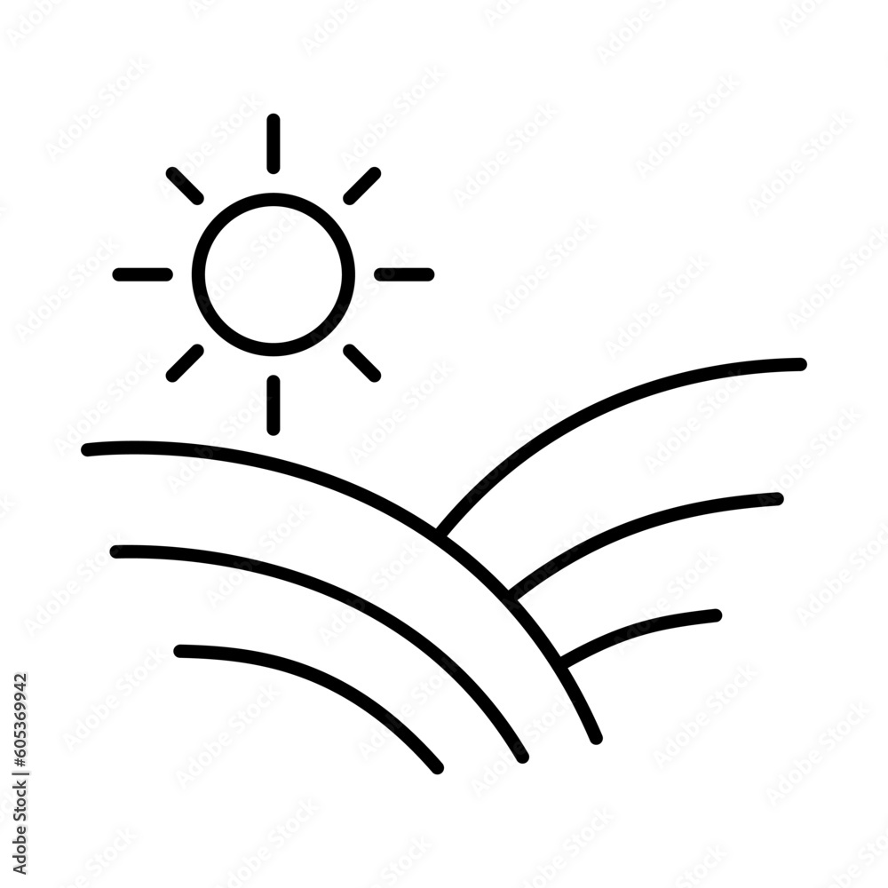 Landscape icon. Winery or farm field concept. Sun and field or vineyard in linear style. Line vector illustration.