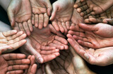 Open hands, diversity and palm with helping community, hunger and support. Poor, poverty and charity help with people and trust with crowd and society union donation and giving question from above