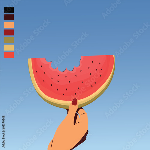 Realistic watermelon slices with seeds on the sky background. Summer poster with watermelon and hand-holding watermelon. Vector illustration.