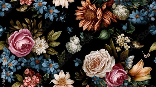 Seamless flowers on black background in dark teal and light maroon