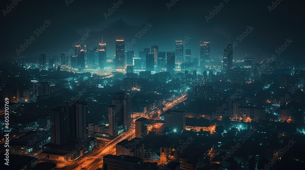 Modern city at night. AI generated.