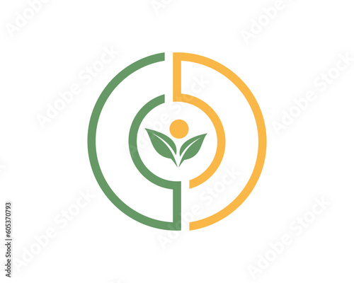 Green leaf and sunrise inside the circle logo