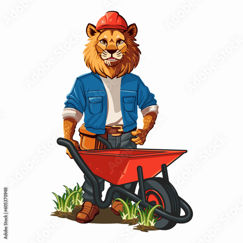 a tiger dressed as a builder, funny construction worker a character illustration for children book