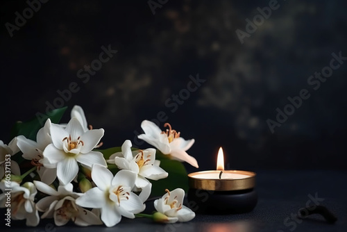 Burning candles and white flowers on black background. AI generative