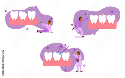 dental care illustration set. characters have broken tooth. dentist treats a broken tooth by extending the broken tooth to be the original. broken tooth treatment concept. vector illustration