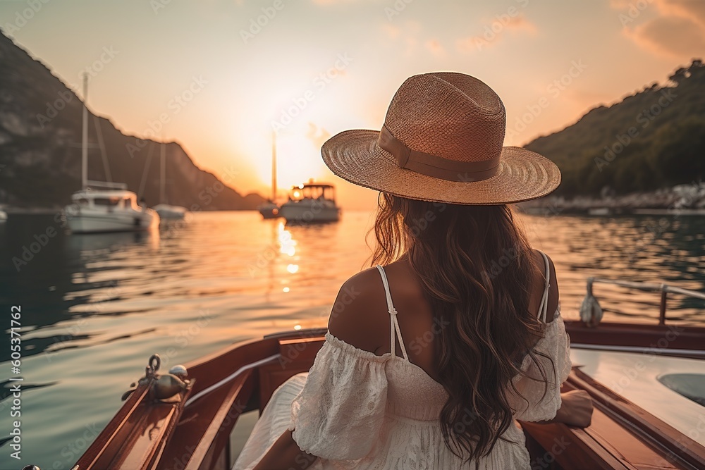 Woman in summer dress relaxing on a yacht at sunset