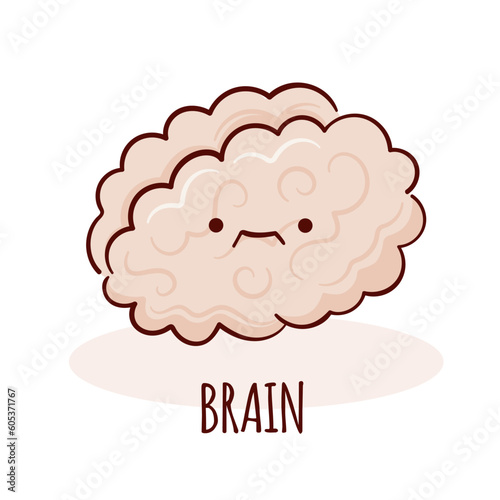 Brain character, cartoon mascot with funny face. Brain human anatomy training card