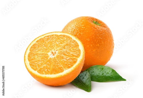 Fresh orange with cut in half and water droplets isolate on white background. Clipping path.