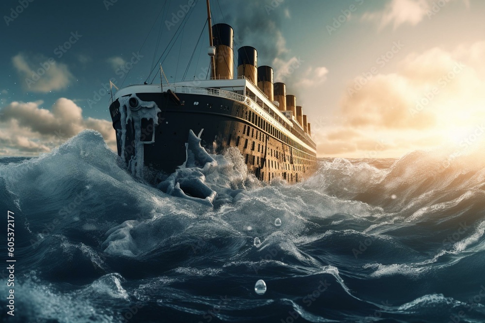 Depiction of Titanic ship colliding with an iceberg in the ocean ...