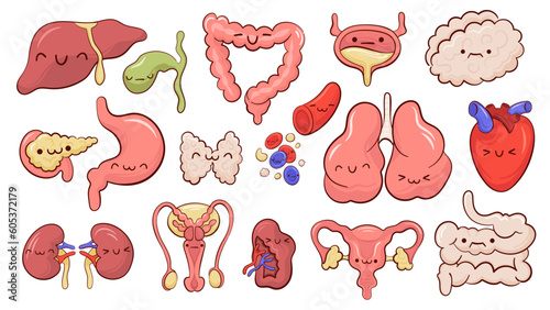 Set of isolated icons with cartoon style characters of different human internal organs