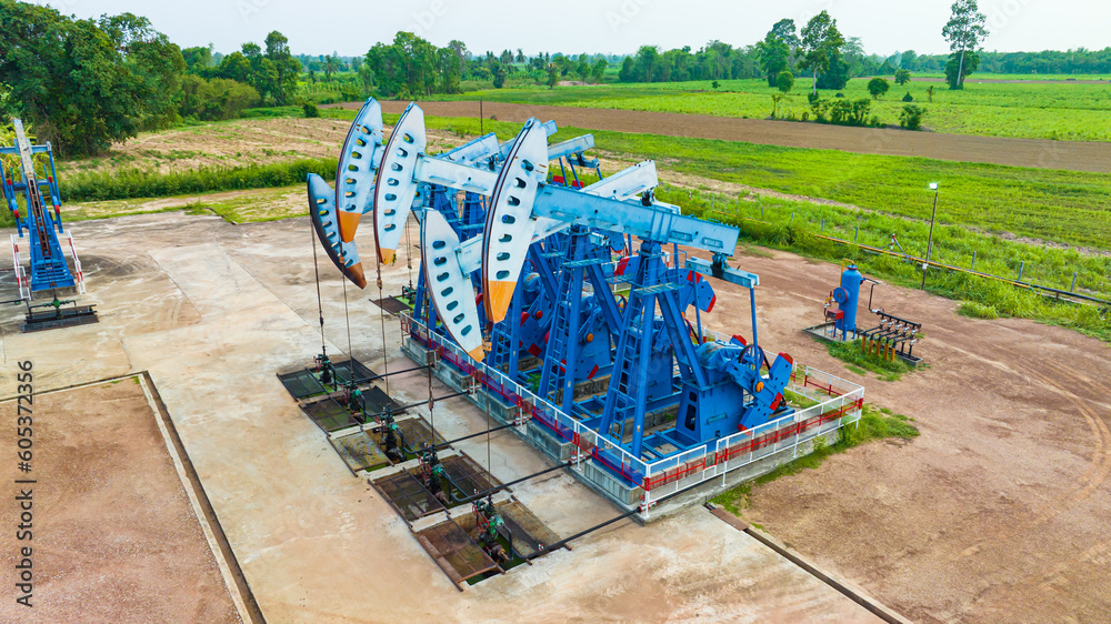 Top view In the field crude oil country industry the oil rig pump in the evening of the pumping unit