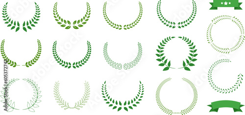 Icon of a triumph laurel. Set silhouette wreaths made of wheat, oak, and laurel leaves that represent an honor, a feat, or nobility. Greek floral branch emblem
