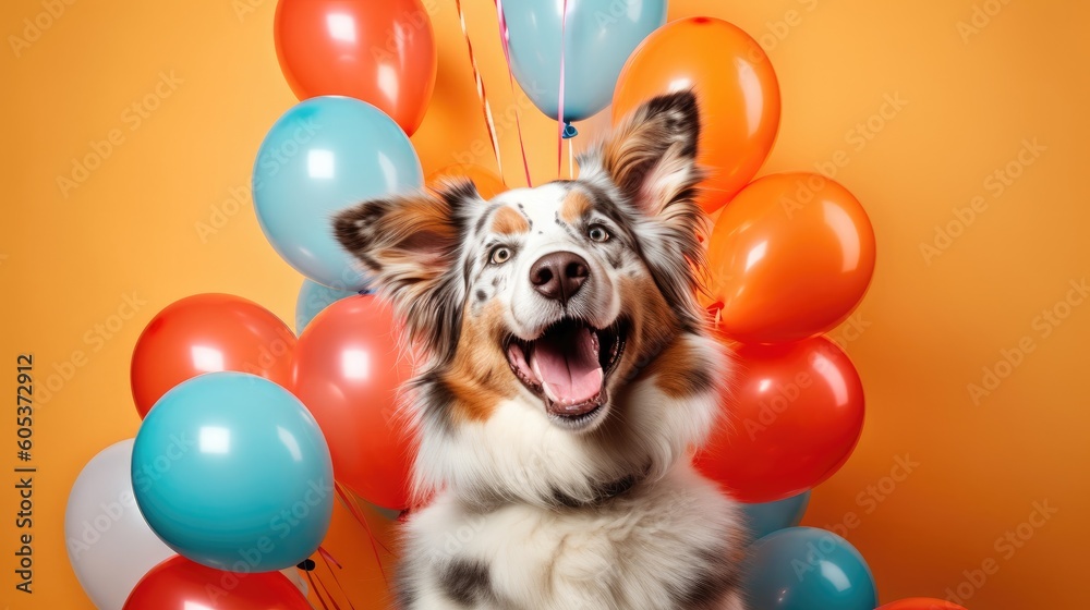 Joyful Dog Portraits with Balloons: Playful Canines Posing in Colorful Backdrop
