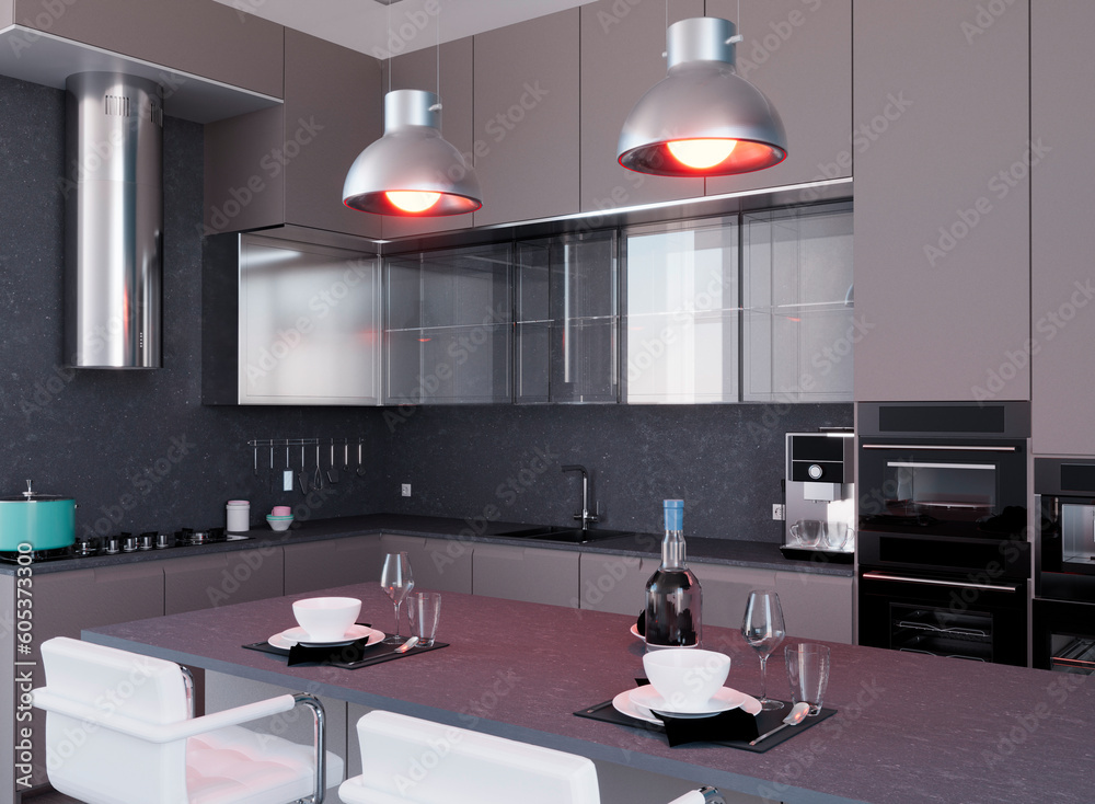 View of a modern kitchen interior furniture. Stove and furniture with table and chairs. Interior architecture, project for a modern and functional kitchen. 3d rendering View of a modern kitchen interior furniture. Stove and furniture with table and chairs. Interior architecture, project for a modern and functional kitchen. 3d rendering