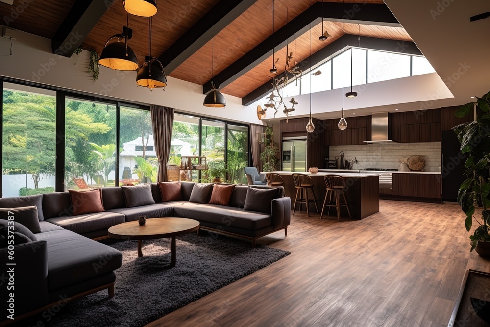 Naklejka premium Wide angle view of spacious and modern contemporary living room in villa interior decor using generative AI