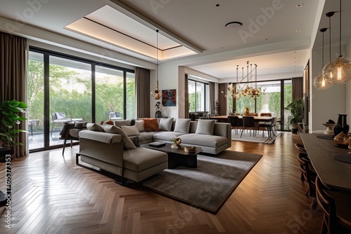 Modern and contemporary living room in villa interior decor using generative AI