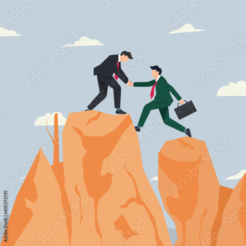 Vector businessman helping the other to the hilltop. Success together concept design vector illustration © Dede