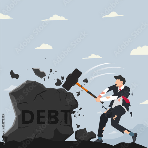 Vector businessman breaking rock of DEBT by big hammer design illustration
