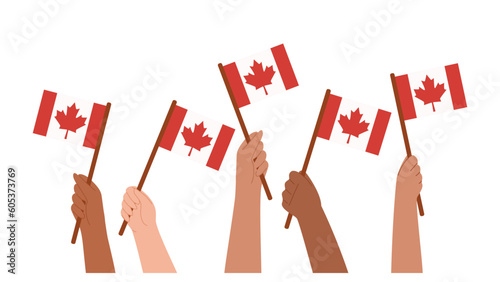 Hands waving Canadian flags. Vector hand drawn illustration.
