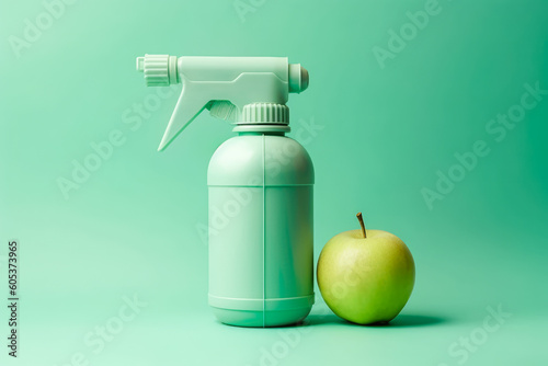 Generative AI illustration of plastic spray bottle placed near fresh apple on green background photo