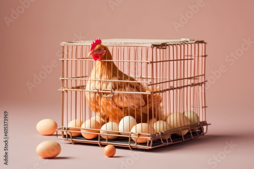 Generative AI illustration of chicken and eggs in metal cage placed against pink background photo