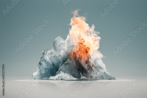 Generative AI illustration of abstract heavy smoke with burning fire flames on blue background photo