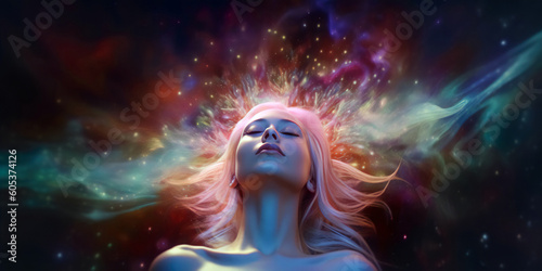 Transcending Boundaries: Astral body of young woman in a deep state of meditation. Generative AI