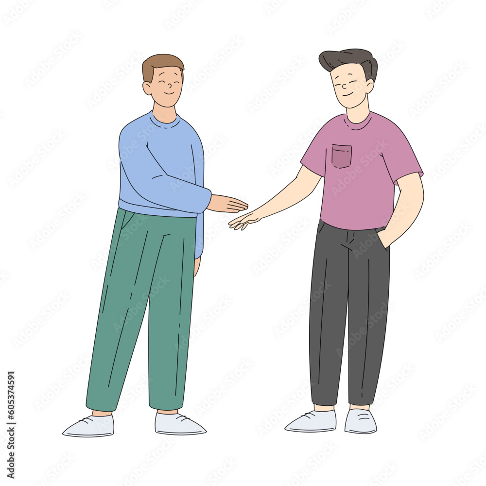 Fototapeta premium Young Man Team Putting Hands Together Gesture Vector Illustration