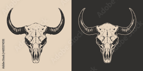 Set of vintage retro scary spooky cow bull skull head skeleton. Cowboy Native American. Can be used like emblem, logo. Monochrome Graphic Art. Vector. Hand drawn element in engraving