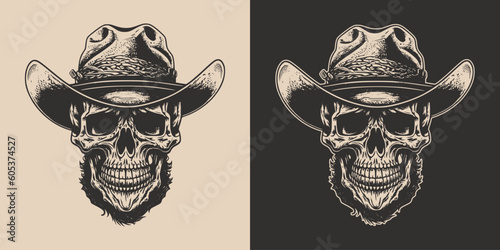 Set of vintage retro scary hipster cawboy skull in hat. Can be used like emblem, logo, badge, label. mark, poster or print. Monochrome Graphic Art. Vector. Hand drawn element in engraving