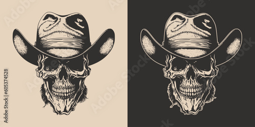 Set of vintage retro scary hipster cawboy skull in hat. Can be used like emblem, logo, badge, label. mark, poster or print. Monochrome Graphic Art. Vector. Hand drawn element in engraving