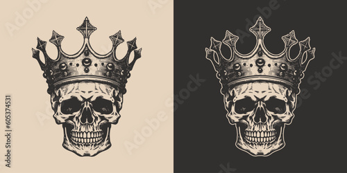 Set of vintage retro scary hipster cawboy skull in with king crown. Can be used like emblem, logo, Monochrome Graphic Art. Vector. Hand drawn element in engraving  gravure