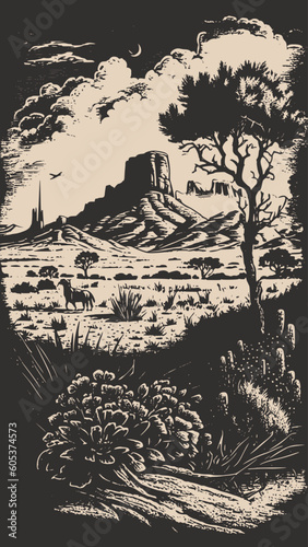 Mountain desert texas background landscape. Wild west western adventure explore inspirational vibe. Graphic Art. Engraving Vector.