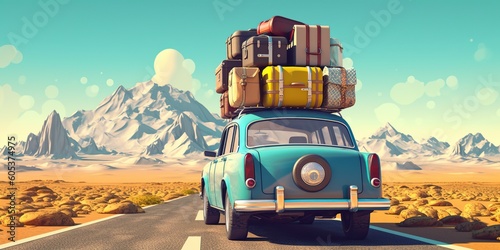 Trip to travel by car in a beautiful landscape with transport overloaded with suitcases, concept of Excessive burden, created with Generative AI technology photo