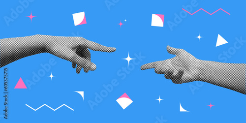  Set of hands. Isolated blue background. Collage elements for a message using hands. Vintage illustration with dotted pop art. Trendy halftone collage