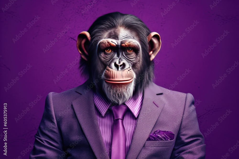 A chimpanzee turned human dressed in a suit and tie poses on a purple background. Generative AI A chimpanzee turned human dressed in a suit and tie poses on a purple background. Generative AI