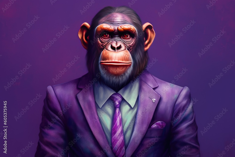 A chimpanzee turned human dressed in a suit and tie poses on a purple background. Generative AI A chimpanzee turned human dressed in a suit and tie poses on a purple background. Generative AI