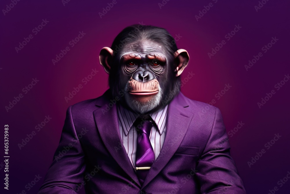 A chimpanzee turned human dressed in a suit and tie poses on a purple background. Generative AI A chimpanzee turned human dressed in a suit and tie poses on a purple background. Generative AI