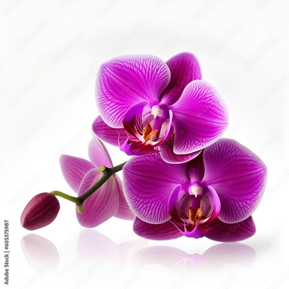 Fototapeta premium Bouquet of purple orchid flower plant isolated on white background. Flat lay, top view. macro 