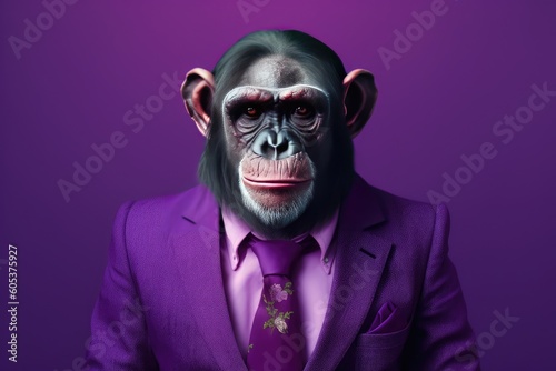A chimpanzee turned human dressed in a suit and tie poses on a purple background. Generative AI © Gelpi