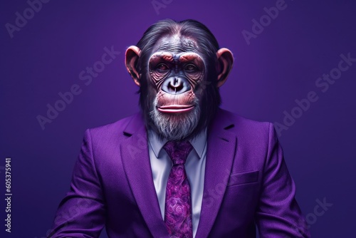 A chimpanzee turned human dressed in a suit and tie poses on a purple background. Generative AI © Gelpi