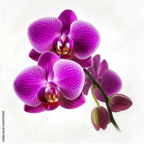 Bouquet of purple orchid flower plant isolated on white background. 3D rendering. Flat lay, top view. macro 