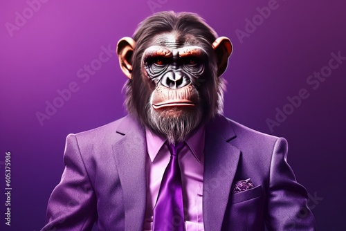 A chimpanzee turned human dressed in a suit and tie poses on a purple background. Generative AI