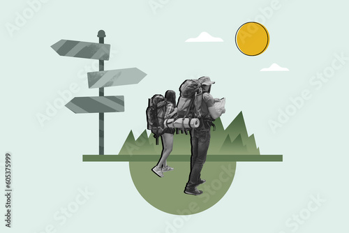 Fotomurale Collage of two travelers using incorrect map find pointer table in forest sights