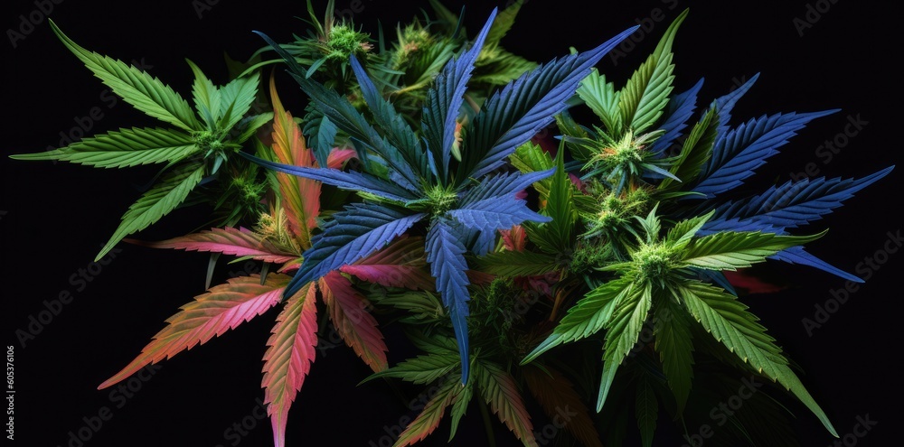 A bunch of green marijuana leaves on a black background for medicinal and therapeutic use. Generative AI A bunch of green marijuana leaves on a black background for medicinal and therapeutic use. Generative AI