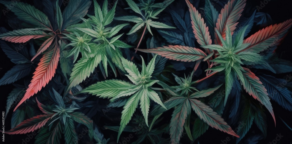 A bunch of green marijuana leaves on a black background for medicinal and therapeutic use. Generative AI A bunch of green marijuana leaves on a black background for medicinal and therapeutic use. Generative AI