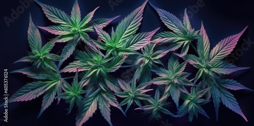 A bunch of green marijuana leaves on a black background for medicinal and therapeutic use. Generative AI