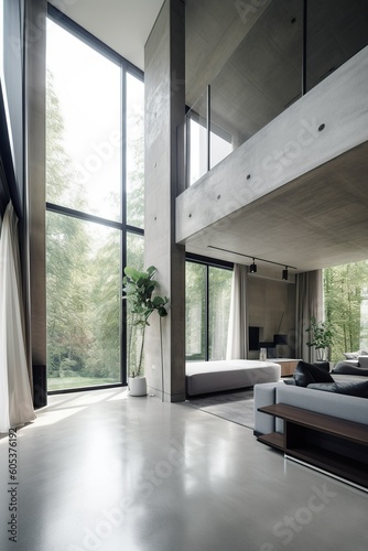 Minimalist interior design with concrete walls and floor, and with large bright windows. Generative Ai. © DigitalGenetics