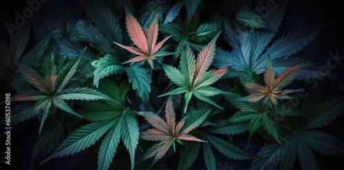 A bunch of green marijuana leaves on a black background for medicinal and therapeutic use. Generative AI